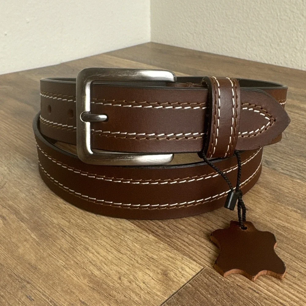 Vintage Handmade Leather Belt Contrast Stitching Silver Buckle Brown‎ Mens 40
